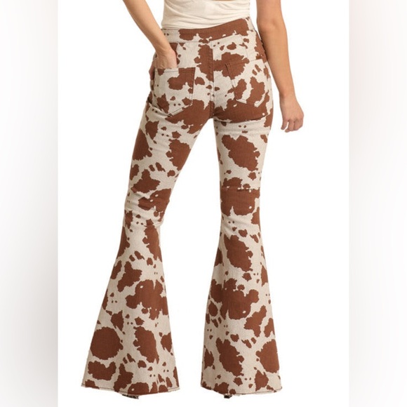 Rock & Roll Denim Cow Print Bell Bottom Jeans 27x34 Western Flare Pants - Picture 6 of 8